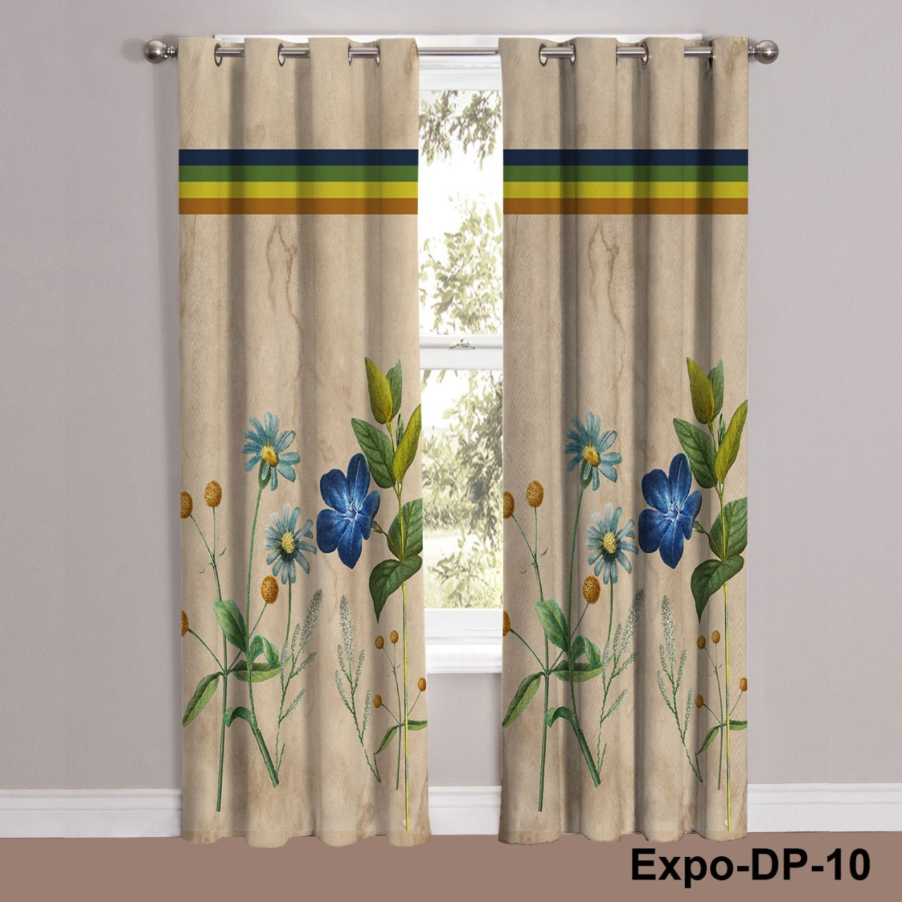 Digital Printed  Vintage Botanical print featuring blue flowers and green leaves on a beige Curtains