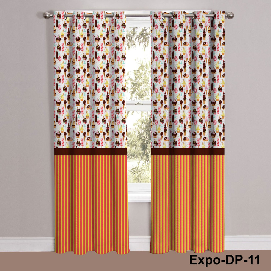 Digital Printed Ice Cream and Candy Pattern on top and Orange and Yellow Vertical Stripes Curtains