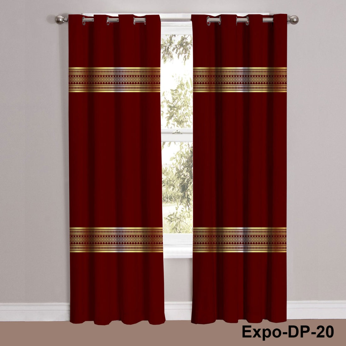 Digital Printed Mahroon with a Gold Border design Curtain