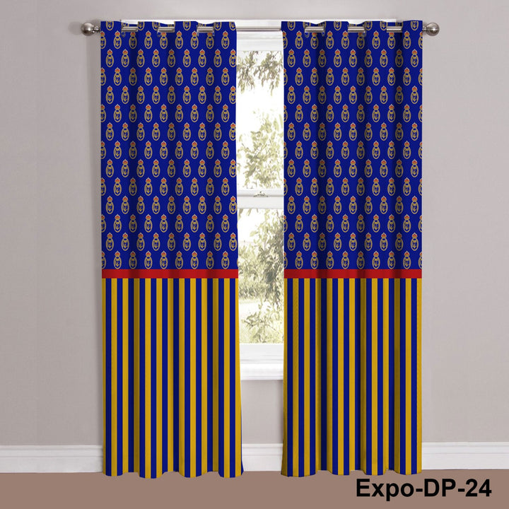 Digital Printed Navy Blue Yellow Gold Striped Curtain
